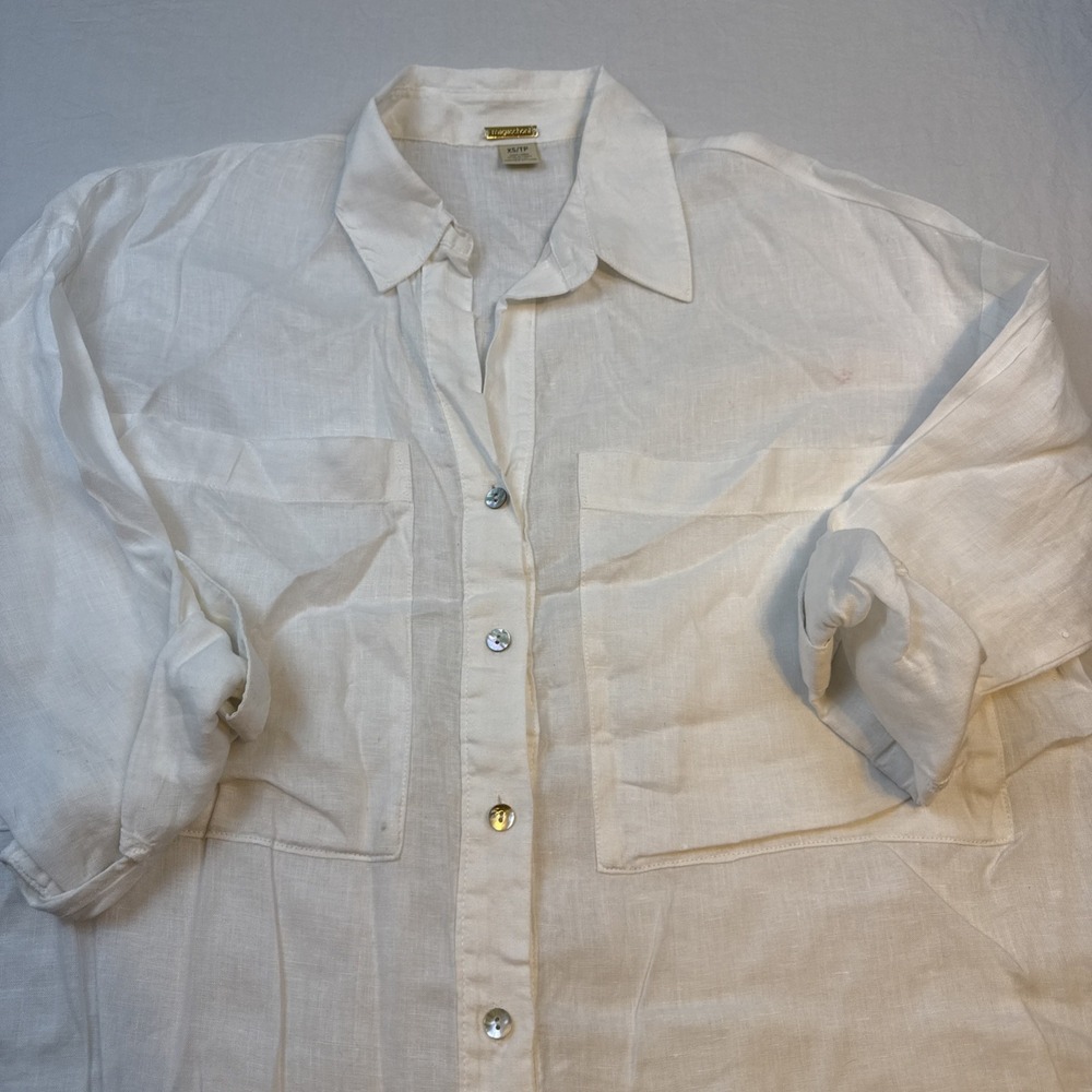 Magaschoni Mens XS Linen Blend Chambray Button Shirt WHITE